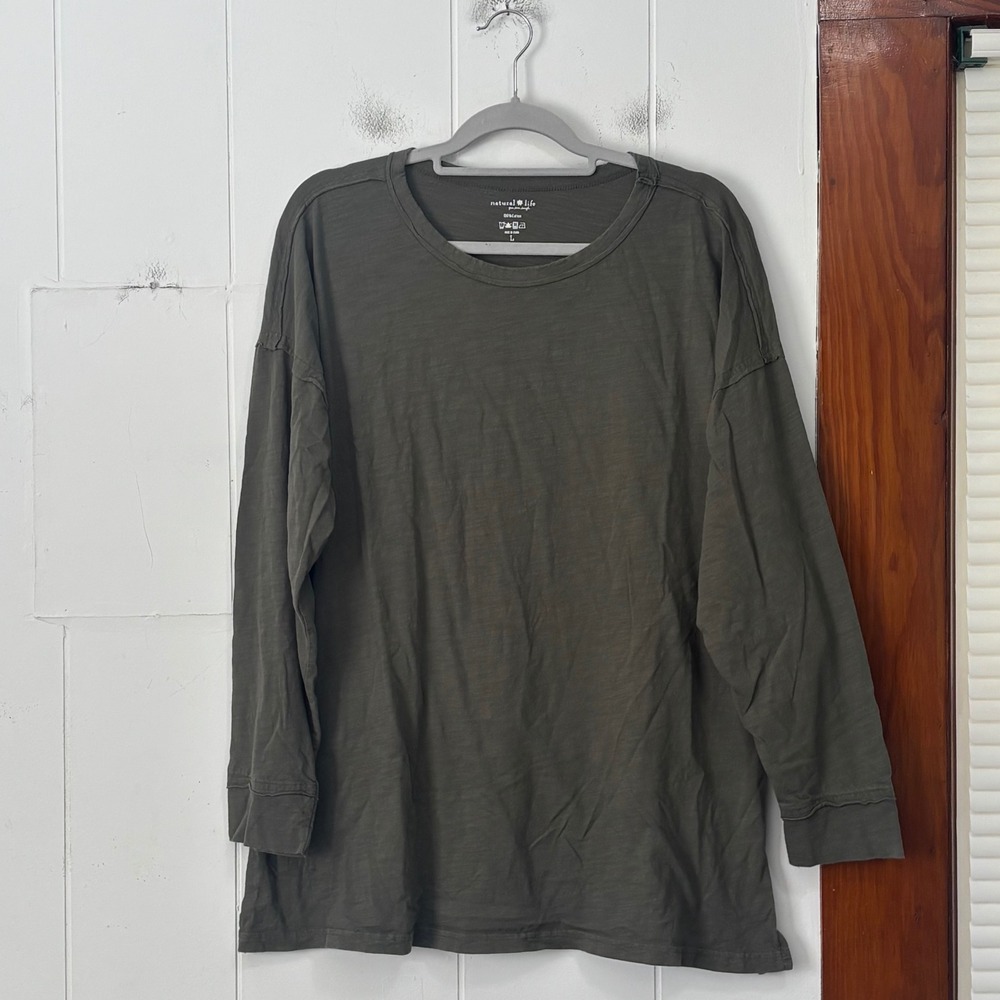 Natural Life Womens Olive Green Slub Cotton Long Sleeve Relaxed Tunic Top Large